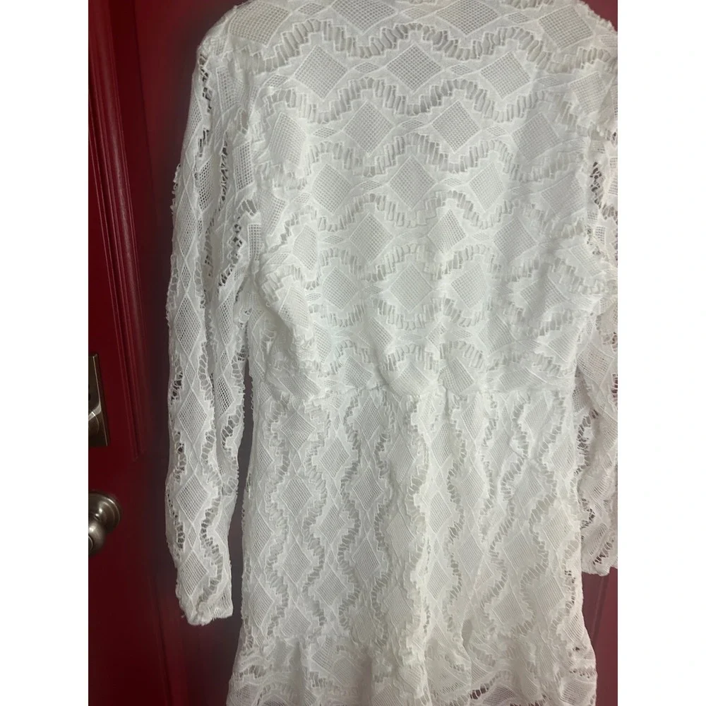 Melloday‎ Lace Mini Dress White Ruffle Long Sleeve Bridal Baby Shower Boho XL